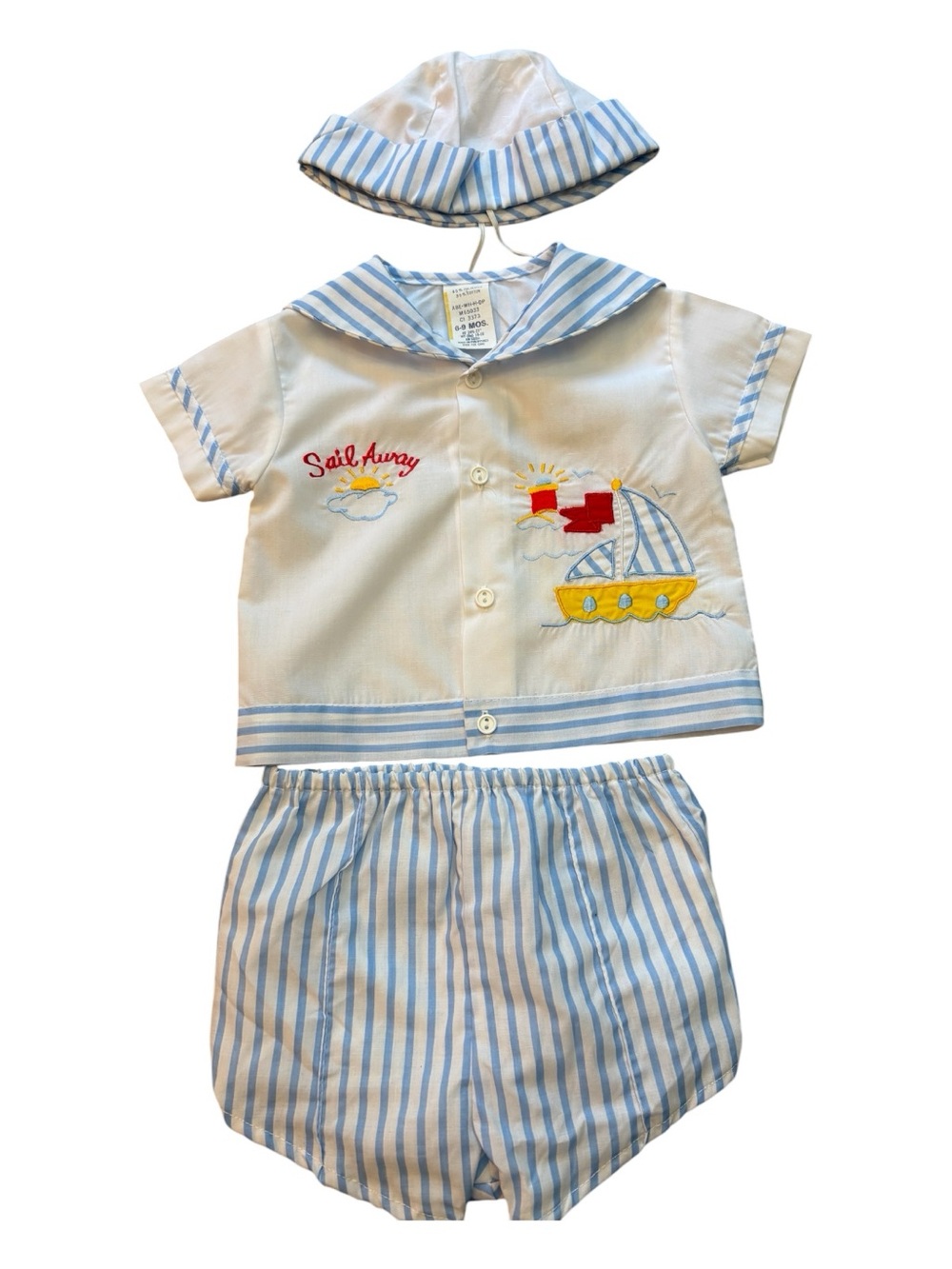 Mayfair Vintage 80s Baby Boy 3pc Sailor Set 6-9M Nautical Embroidered Sail Away